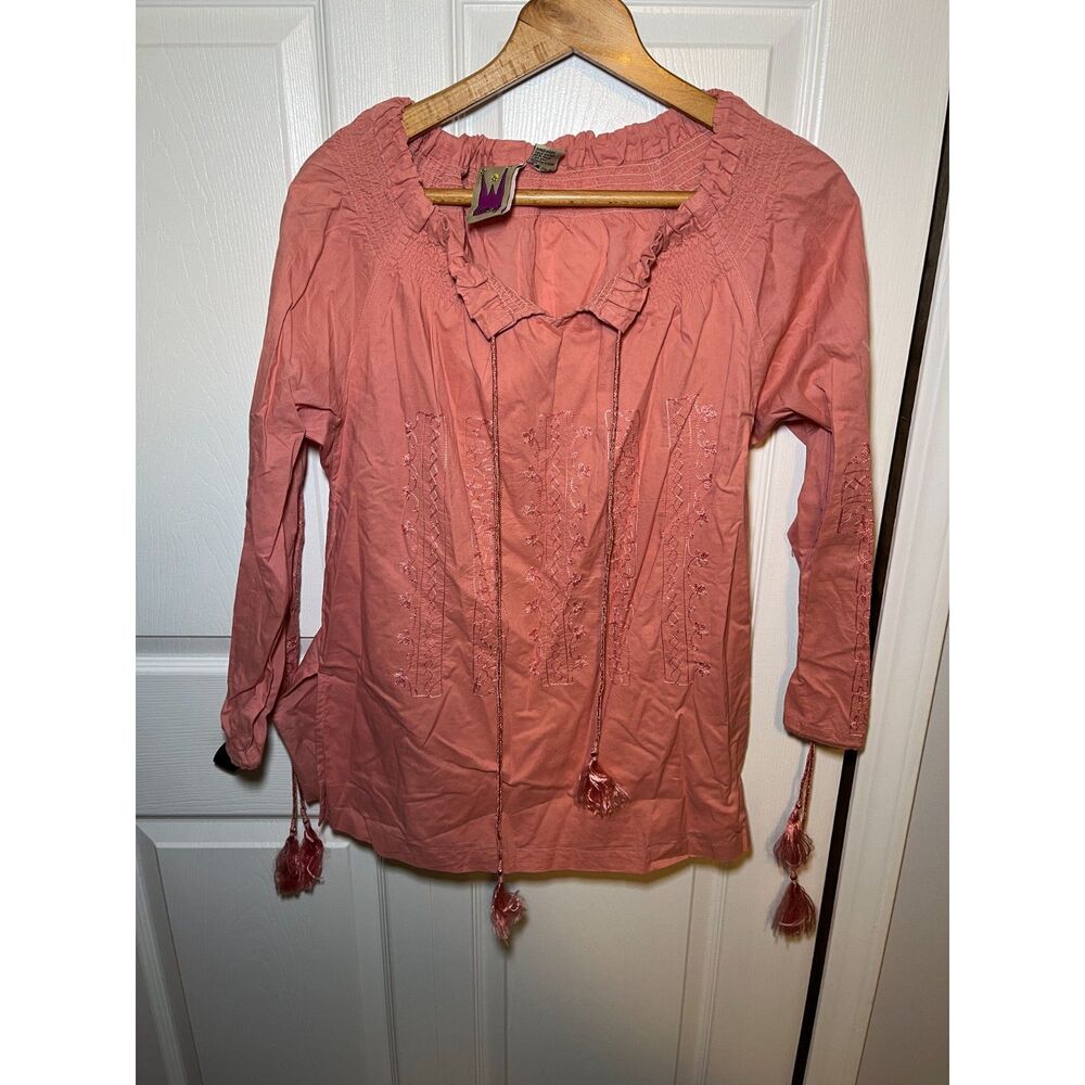 Original Anthony Pink Embroidered Peasant Boho Blouse Tassel Top Medium